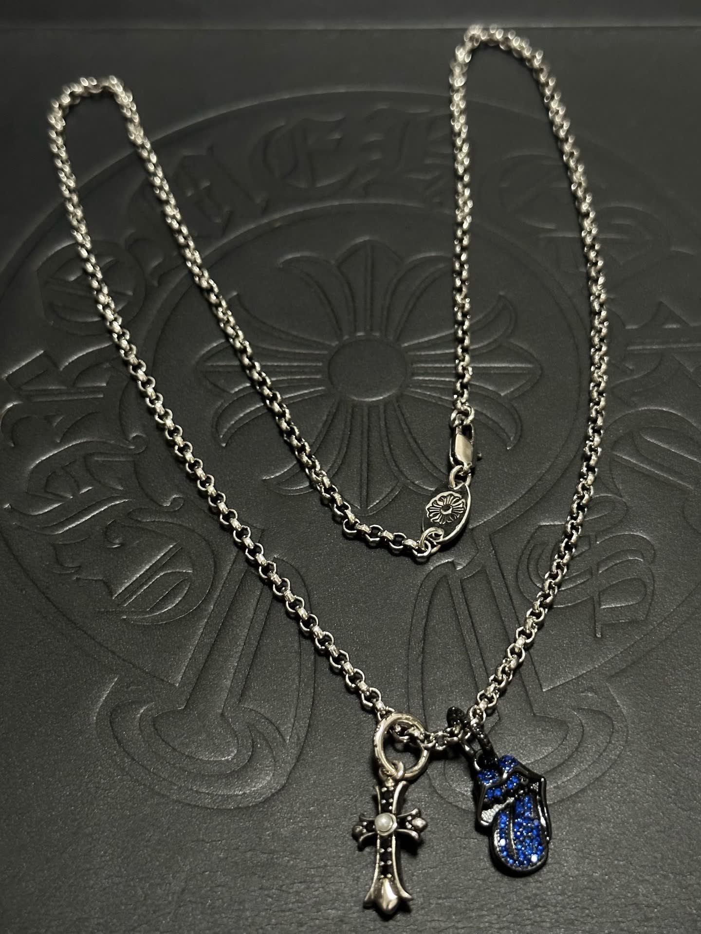 Chrome Hearts Silver Cross and Blue Enamel Charm Necklace